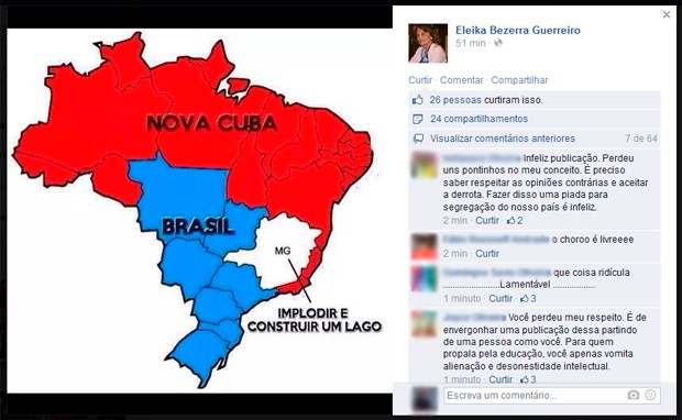 Figura do mapa do Brasil 'subdividido' foi postado pela vereadora de Natal Eleika Bezerra na página que ela mantém no Facebook        (Foto: Reprodução/Facebook de Eleika Bezerra)