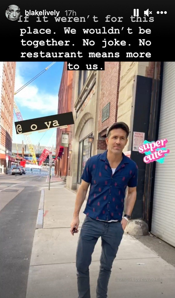 O post de Blake Lively mostrando o marido Ryan Reynolds em frente ao restaurante do primeiro date dos dois (Foto: Instagram)