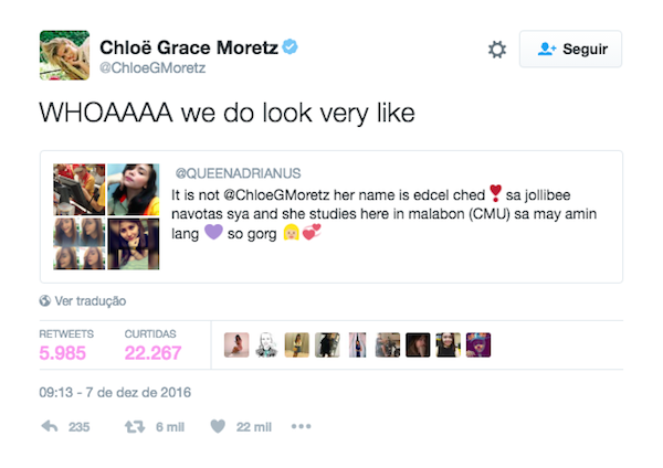 O choque da atriz Chloë Grace-Moretz ao descobrir sua sósia (Foto: Twitter)