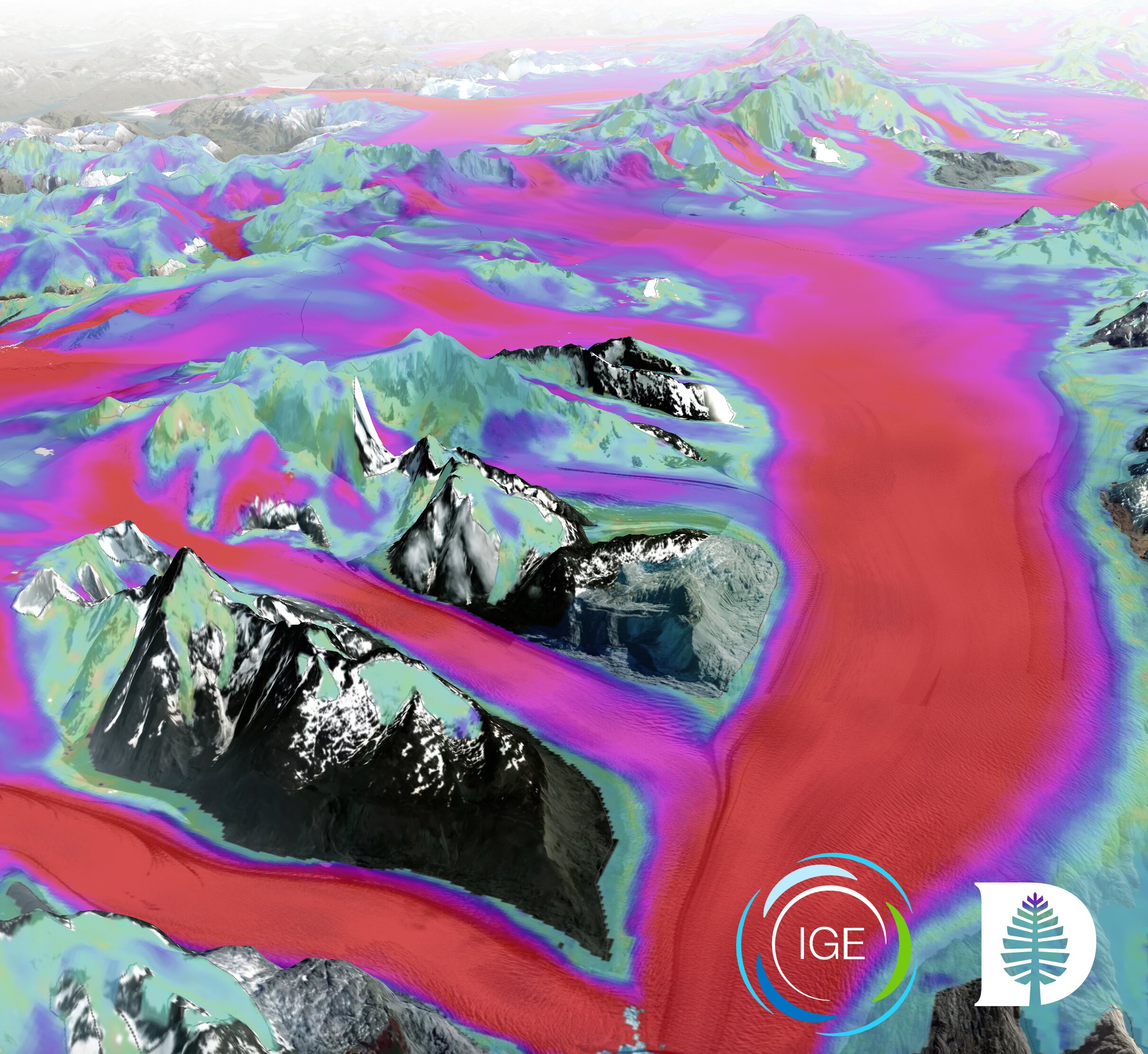 A pesquisa mapeou pela primeira vez os campos de gelo da Patagonia. A enorme geleira Uosala, exibida na foto, mostrou um fluxo glacial de cerca de 1,6 quilômetros por ano. Regiões em vermelho e violeta no mapa indicam maior velocidade do fluxo glacial. (Foto: IGE-CNRS ©Mapbox ©OpenStreetMap ©Maxar )