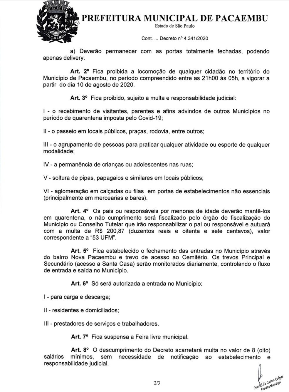 Decreto de Pacaembu começa a valer na segunda-feira (10) — Foto: Reprodução