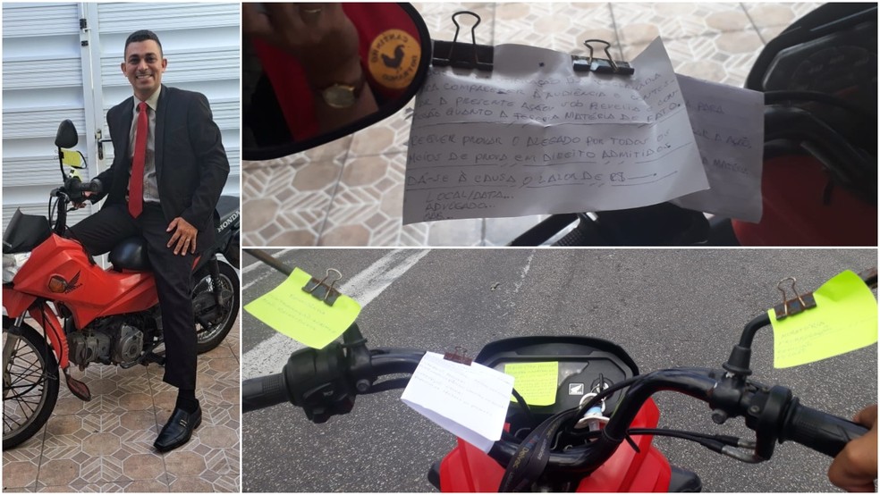 Sérgio Chaves concilia estudo com trabalho de entregador; ele aproveita os momentos livres para estudar anotações fixas na motocicleta — Foto: Arquivo pessoal