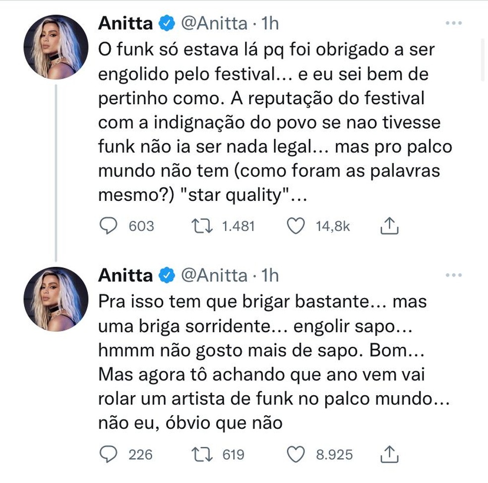 Anitta no Twitter sobre o Rock in Rio — Foto: Reprodução/Twitter