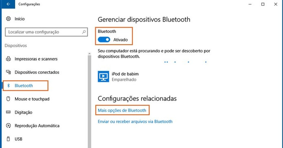 Veja mais configurações do Bluetooth no Windows 10 — Foto: Reprodução/Barbara Mannara