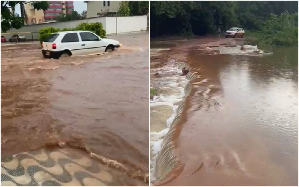 Enxurrada quase encobre carro em Formosa (esquerda) e trecho da GO-236 é interditada após queda de ponte (direita) — Foto: Reprodução/TV Anhanguera