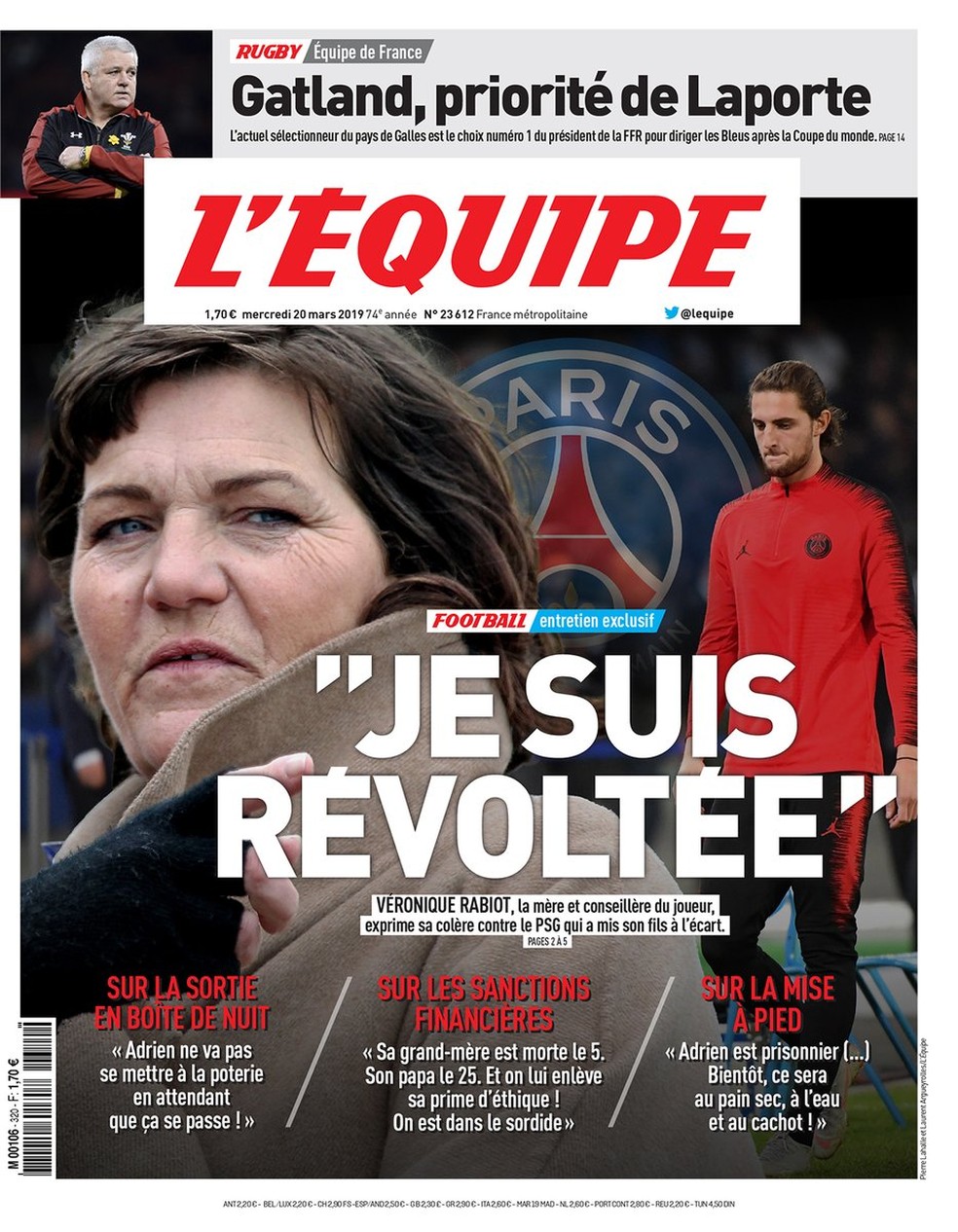 Entrevista com Véronique Rabiot é capa do "L'Equipe" desta quarta-feira: "Estou revoltada", diz ela, que é agente do volante — Foto: Reprodução/L'Equipe