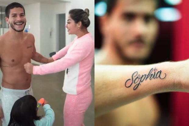 Arthur Aguiar mostra reação de Maíra Cardi ao ver tatuagem em sua homenagem; cantor e ator também escreveu o nome da filha, Sophia, no punho (Foto: Reprodução/Instagram)