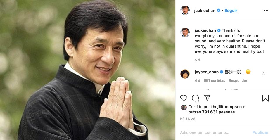 O post de Jackie Chan agradecendo o apoio dos fãs e negando que ele esteja em quarentena do coronavírus (Foto: Instagram)