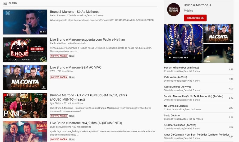 Lives de Bruno & Marrone, copiadas da transmissão original, listadas no YouTube — Foto: Reprodução