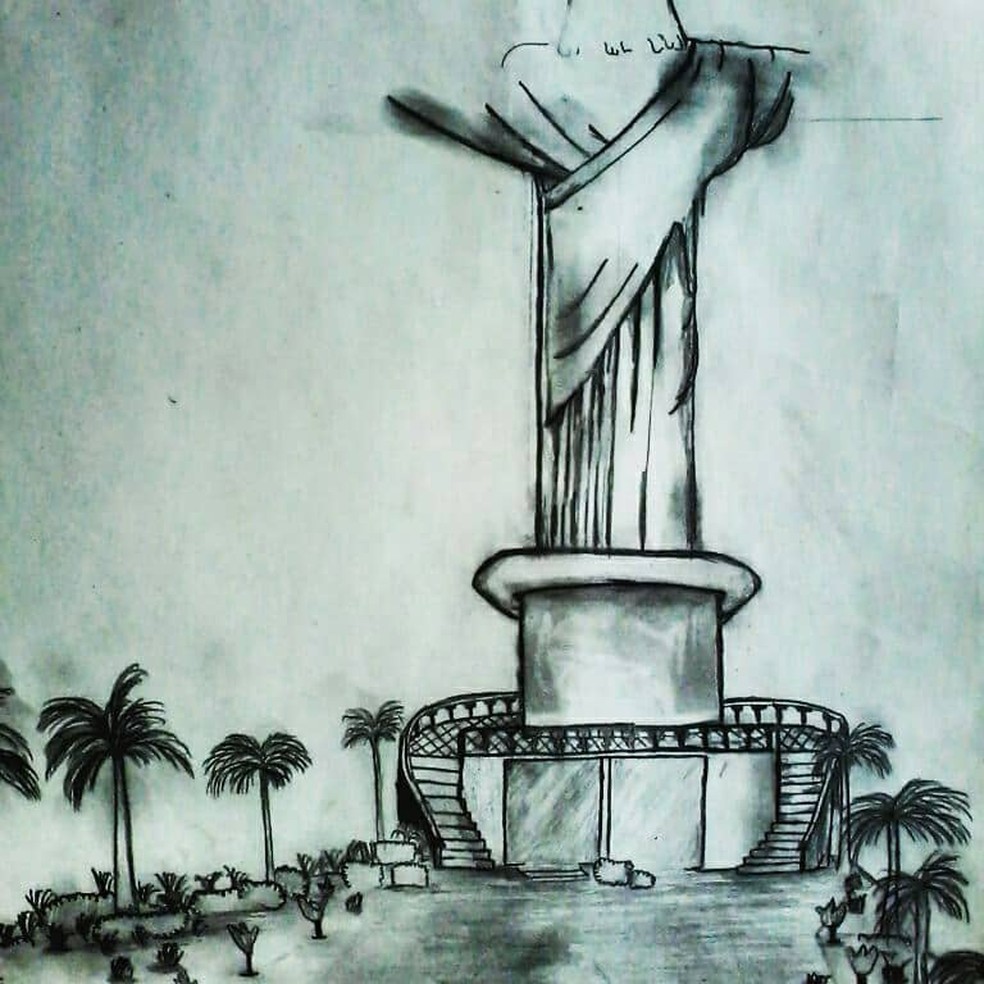 Primeiro desenho feito por Thiago foi o Cristo Redentor de Araguaína (Foto: Arquivo Pessoal)