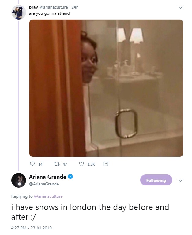Ariana Grande diz a fã que provavelmente não irá ao VMA 2019 (Foto: Reprodução / Twitter)