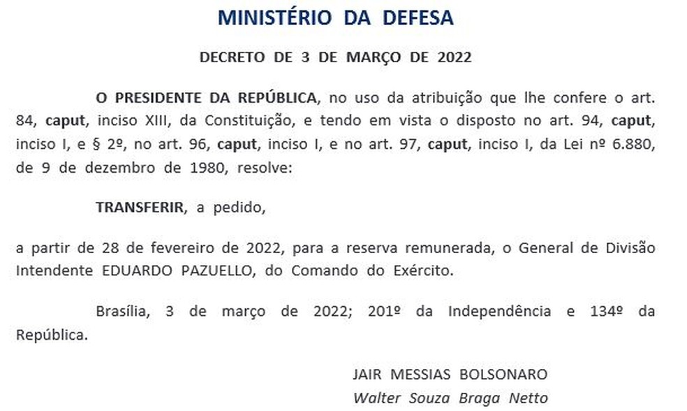 General e ex-ministro Eduardo Pazuello é transferido para a reserva remunerada do Exército — Foto: Reprodução / Diário Oficial da União (DOU)