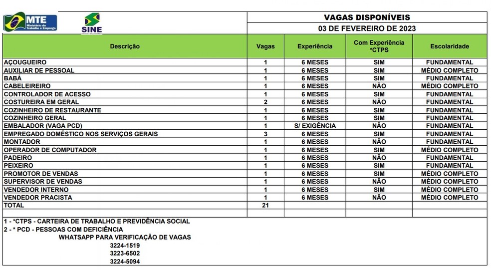 Sine oferta 21 vagas de emprego nesta sexta-feira (3) — Foto: Divulgação/Sine