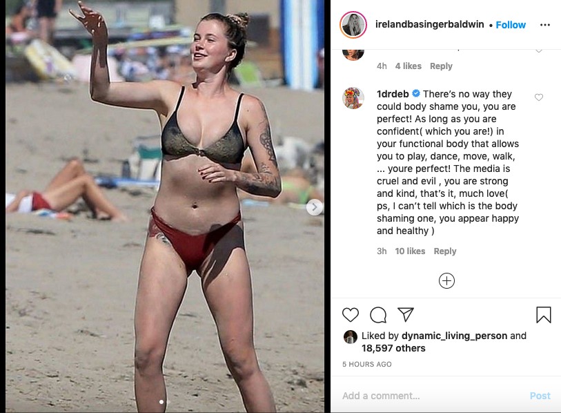 O post da modelo Ireland Baldwin reclamando das fotos feitas por paparazzi em que ela aparece de biquíni em uma praia (Foto: Instagram)