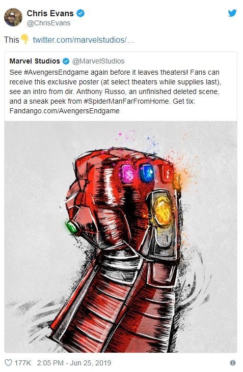 Chris Evans incentiva fãs a reverem Vingadores: Ultimato nos cinemas (Foto: Reprodução / Twitter)