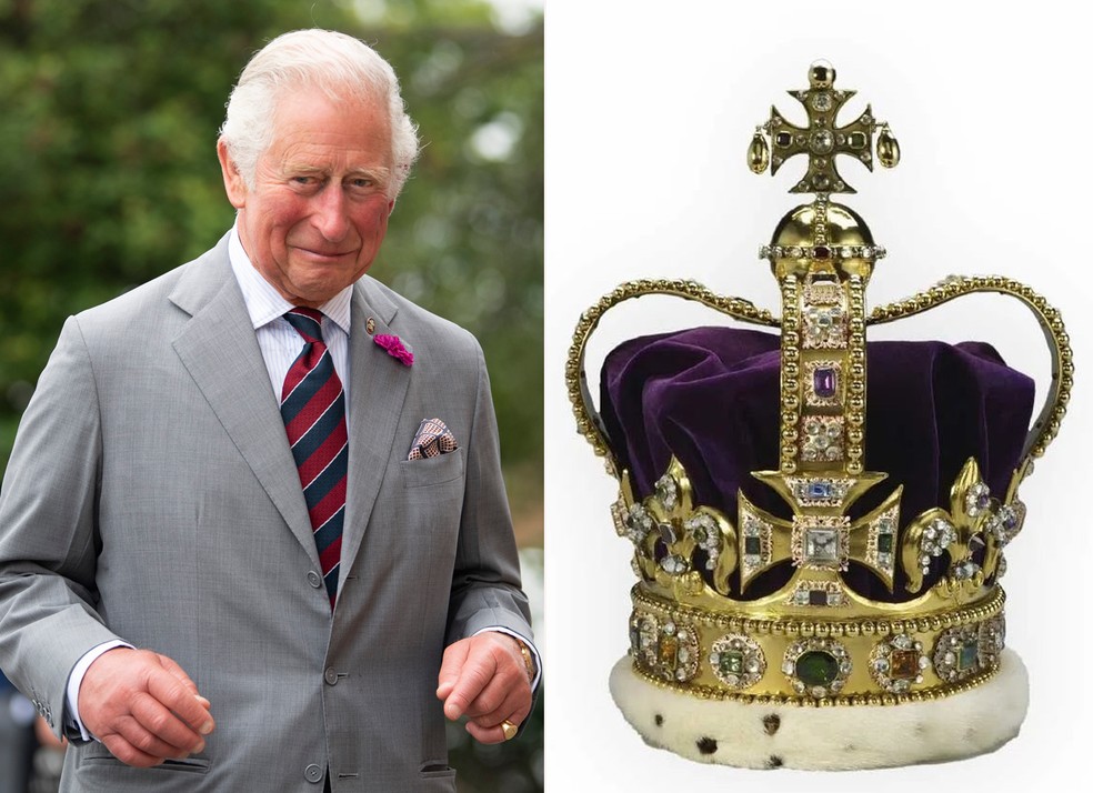 O rei Charles III e a coroa usará  no dia 6 de maio — Foto: Getty Images e Reprodução Instagram
