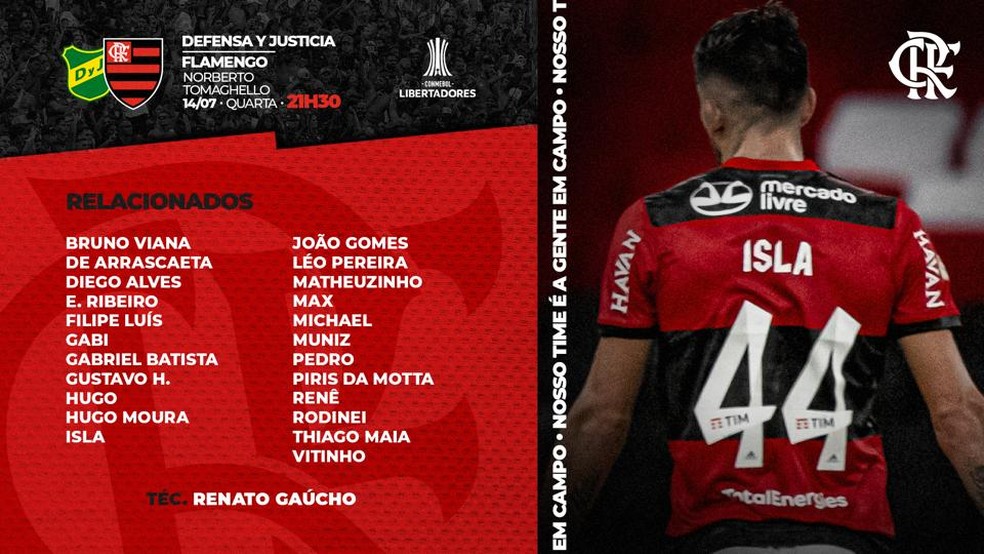 Relacionados do Flamengo para jogo contra Defensa y Justicia — Foto: Divulgação 