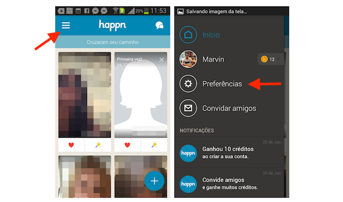 Acessando as preferências do Happn para ativar a inatividade do app de paquera no Android (Foto: Reprodução/Marvin Costa)