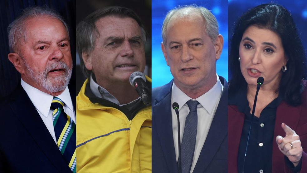 Lula (PT), Jair Bolsonaro (PL), Ciro Gomes (PDT) e Simone Tebet (MDB) — Foto: Adriano Machado/Reuters, Silvio Avila/AFP, Andre Penner/AP e Carla Carniel/Reuters 