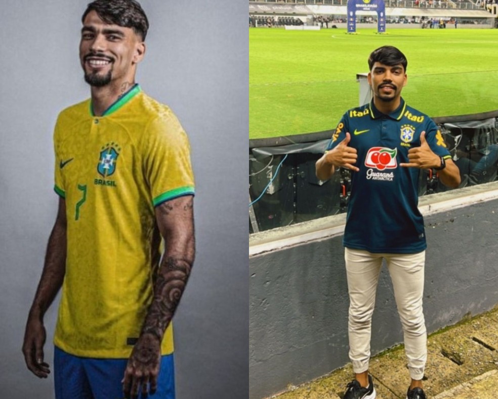 Jonas Freitas, de 27 anos, é sósia do meio de campo da seleção brasileira Lucas Paquetá. — Foto: Reprodução/ Instagram e Arquivo Pessoal