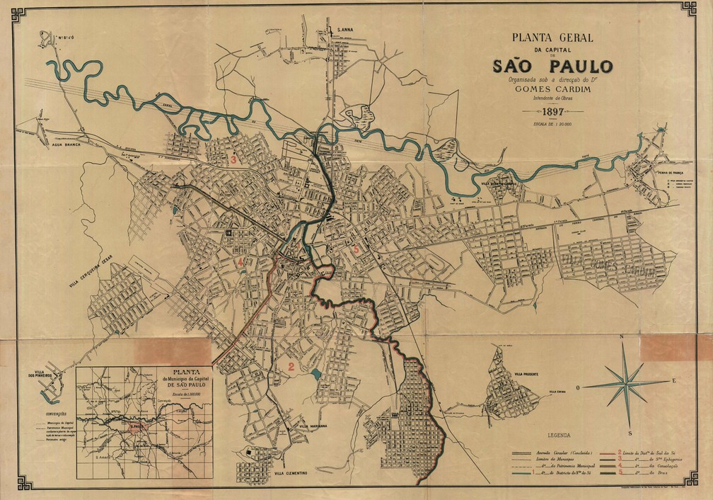 Planta geral da cidade de São Paulo em 1897, de autoria de Gomes Cardim  — Foto: Helio Nobre e José Rosael / Museu Paulista