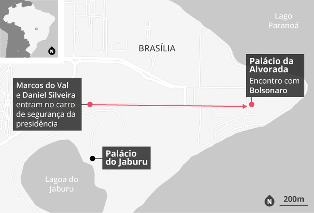 Deslocamento feito por Marcos do Val e Daniel Silveira para encontro com Jair Bolsonaro — Foto: Editoria de Arte