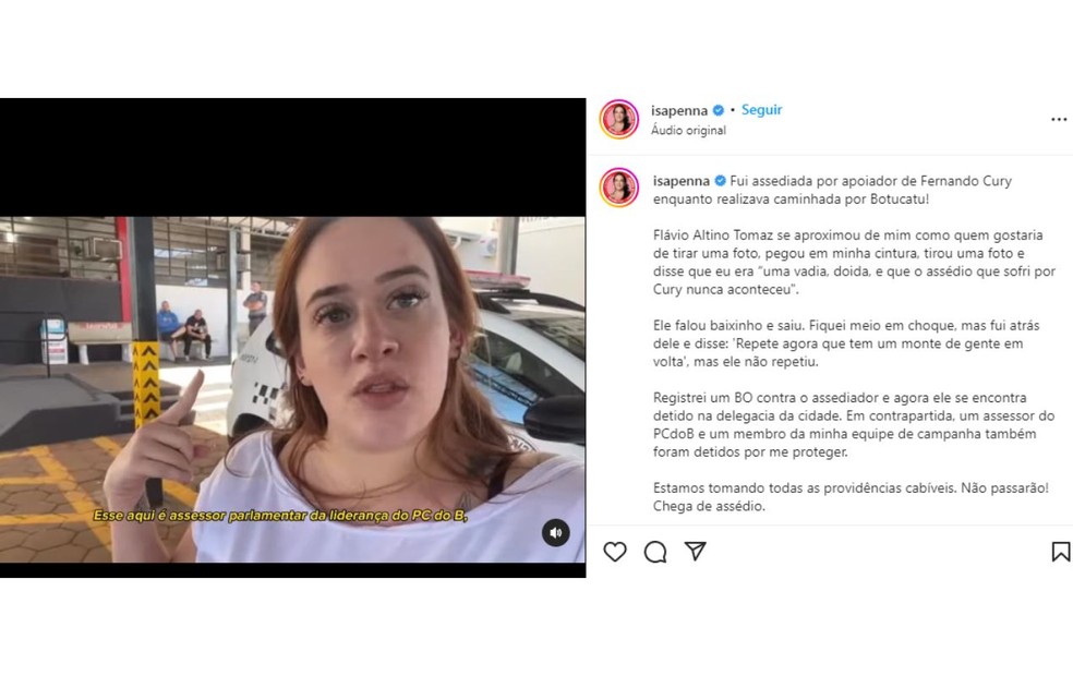 Isa Penna (PC do B) posta vídeo em que narra detalhes da importunação sexual em Botucatu — Foto: Instagram /Reprodução