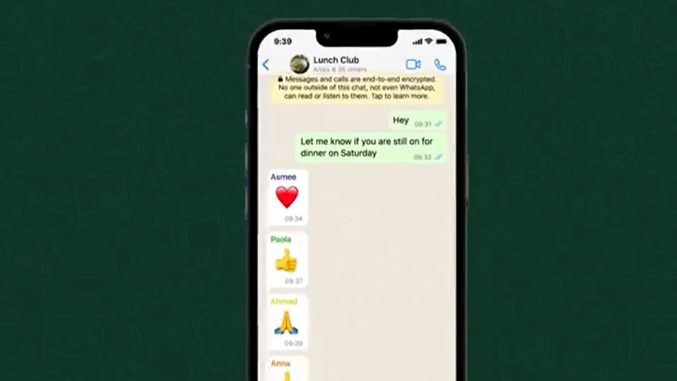 Agora, usuários do WhatsApp poderão dar reações em vez de responder mensagens em grupo — Foto: Divulgação/Whatsapp
