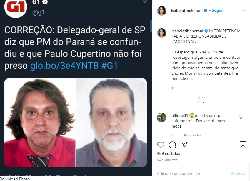 Isabela Tibcherani faz post sobre falsa prisão do pai (Foto: Reprodução Instagram)
