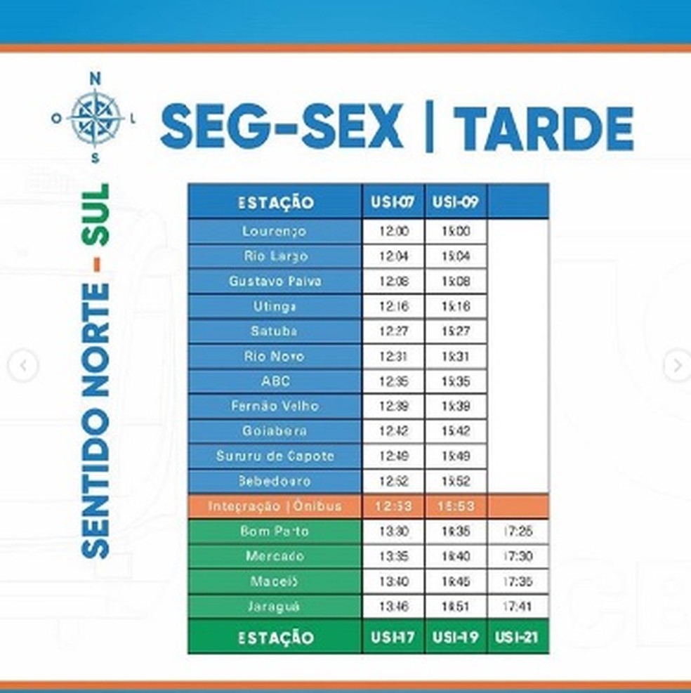 Nova grade horária semanal de trens entre Rio Largo e Maceió, AL — Foto: Reprodução/Instagram