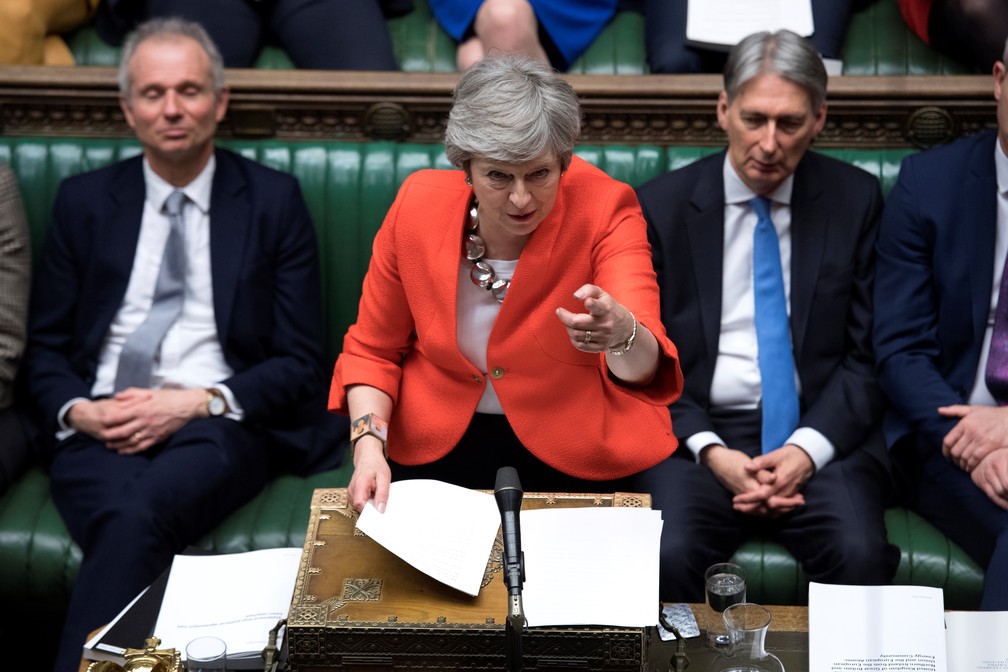 Theresa May fala no Parlamento na sessÃ£o em que se votou novo acordo do Brexit â Foto: Jessica Taylor/AFP
