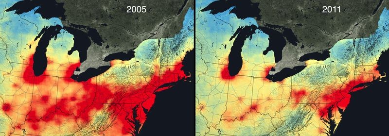 Nem todas as mudanças ao longo do tempo foram negativas. As fotos acima mostram o retrocesso dos altos níveis de poluição (representada em vermelho) nos Estados Unidos. Desde o início dos anos 2000, o governo americano incentiva empresas a reduzir os níve (Foto: Reprodução)