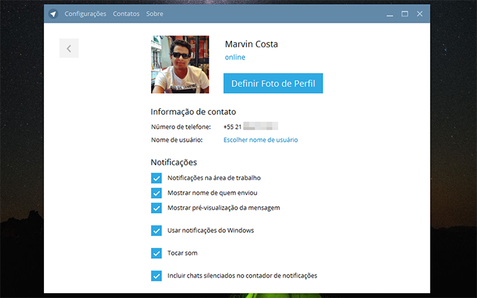 Configuração para foto de perfil, nome de usuário e notificações do Telegram no PC (Foto: Reprodução/Marvin Costa)