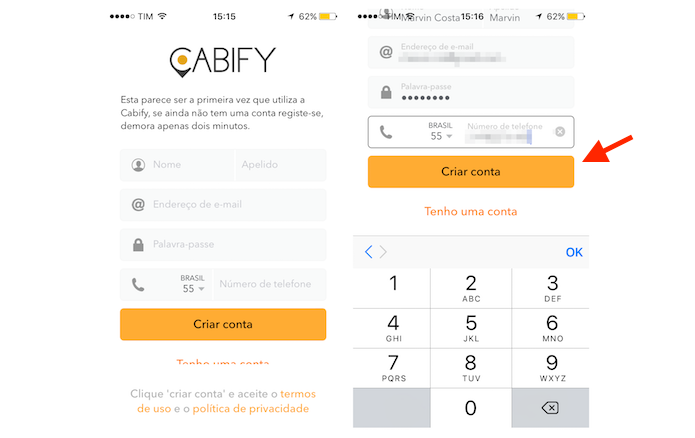 Digitando dados pessoais para criar uma conta do Cabify no iPhone (Foto: Reprodução/Marvin Costa)
