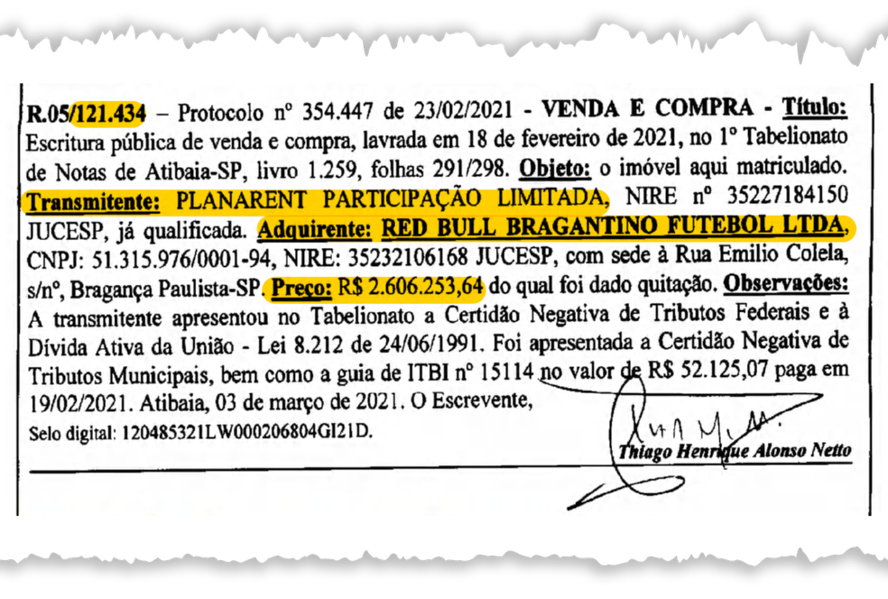 Família Chedid vende terreno de matrícula 121.434, em Atibaia, para a Red Bull — Foto: Reprodução