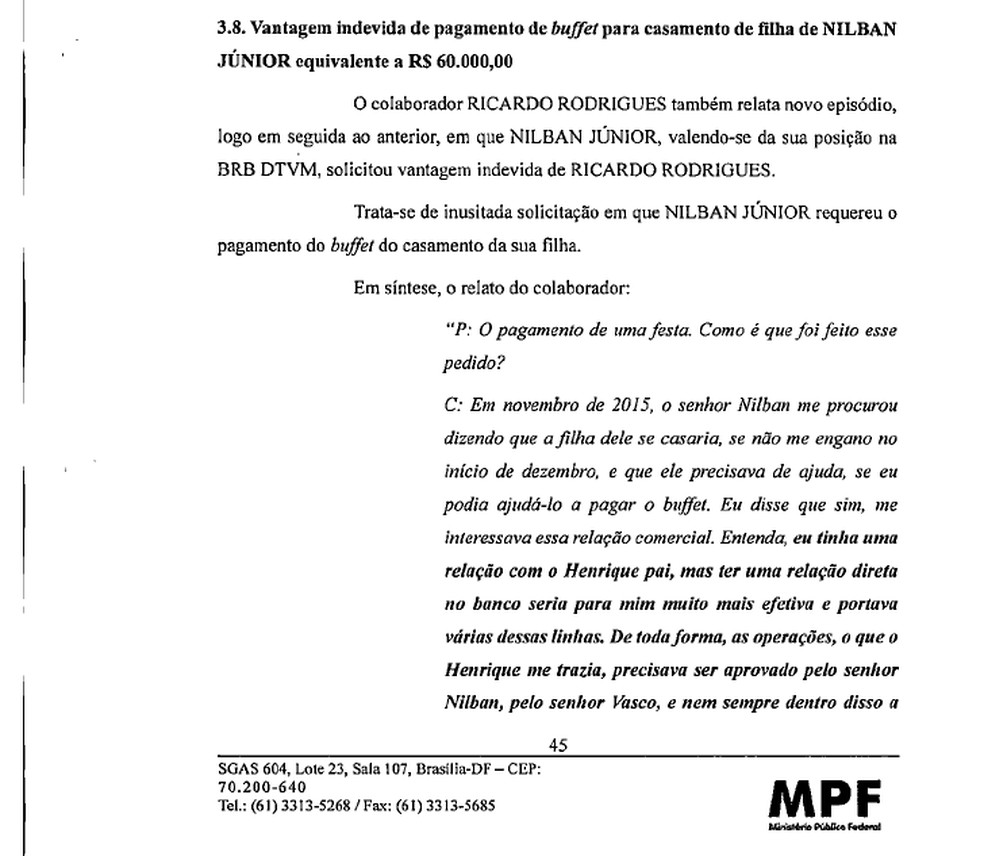 Trecho de depoimento que aponta pagamento de buffet de empresário a banqueiro do BRB — Foto: Reprodução/MPF