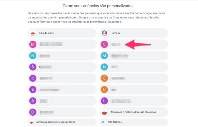 Ação para visualizar opções para anúncios personalizados em uma conta do Google (Foto: Reprodução/Marvin Costa) Ação para visualizar opções para anúncios personalizados em uma conta do Google (Foto: Reprodução/Marvin Costa)