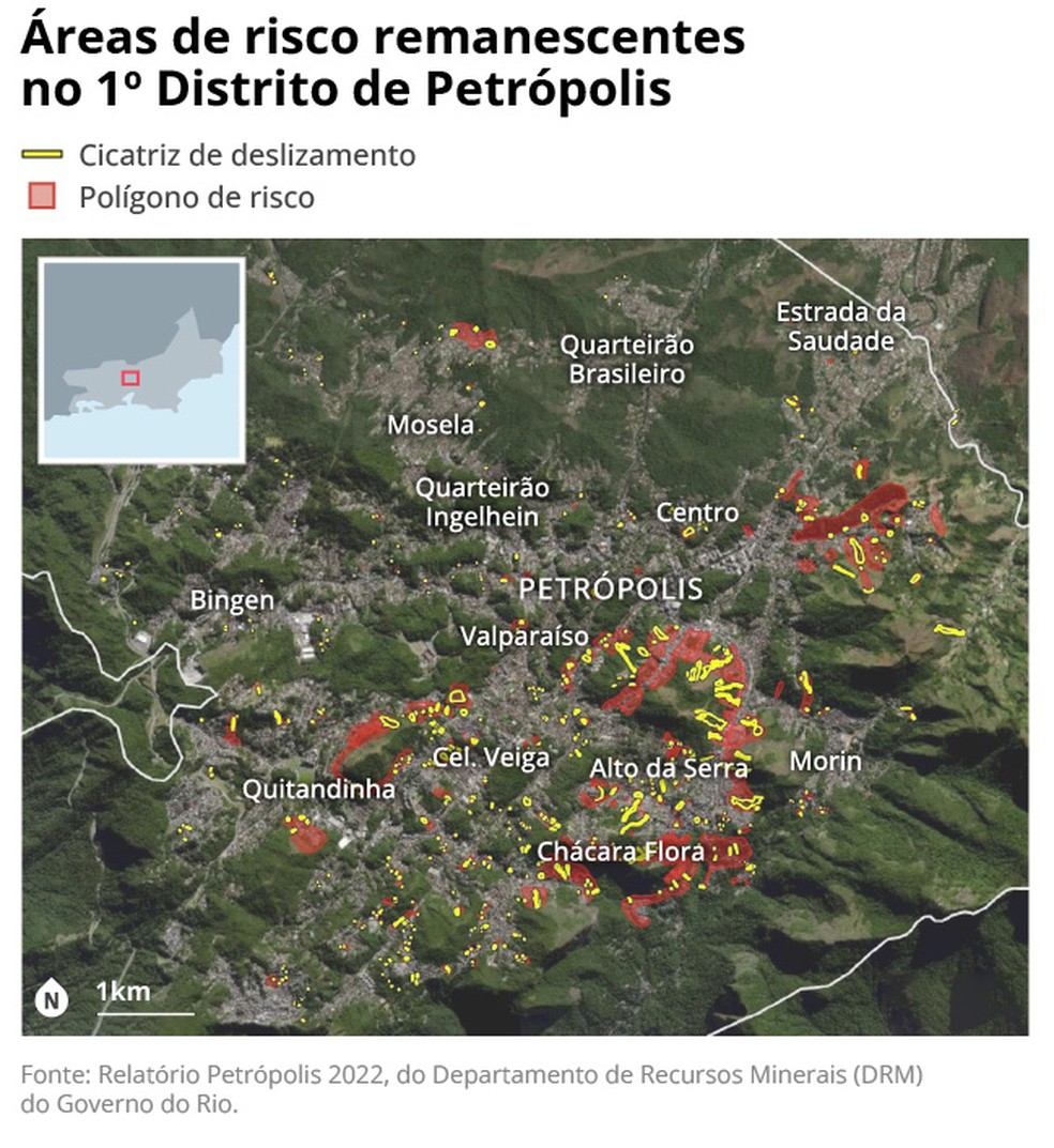 Áreas de risco remanescentes no 1º distrito de Petrópolis — Foto: Arte