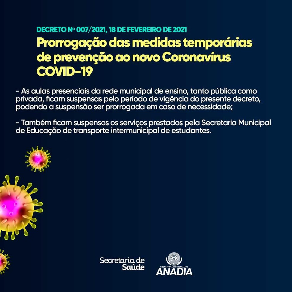Decreto da prefeitura de Anadia, AL, prorroga medidas de prevenção contra o coronavírus após caso da nova variante — Foto: Divulgação/Prefeitura de Anadia 