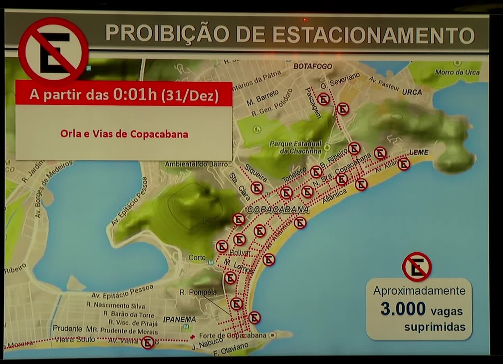 Proibição de estacionamento em Copacabana a partir da 0h do dia 31 — Foto: Reprodução