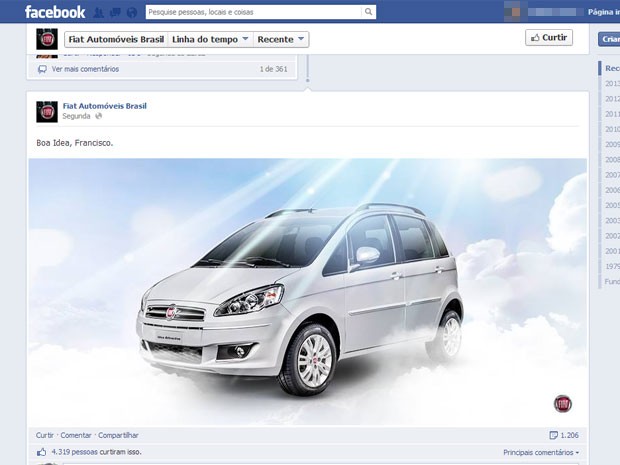 Fiat faz post no Facebook em referência ao uso do Idea pelo Papa Francisco (Foto: Reprodução/Facebook)