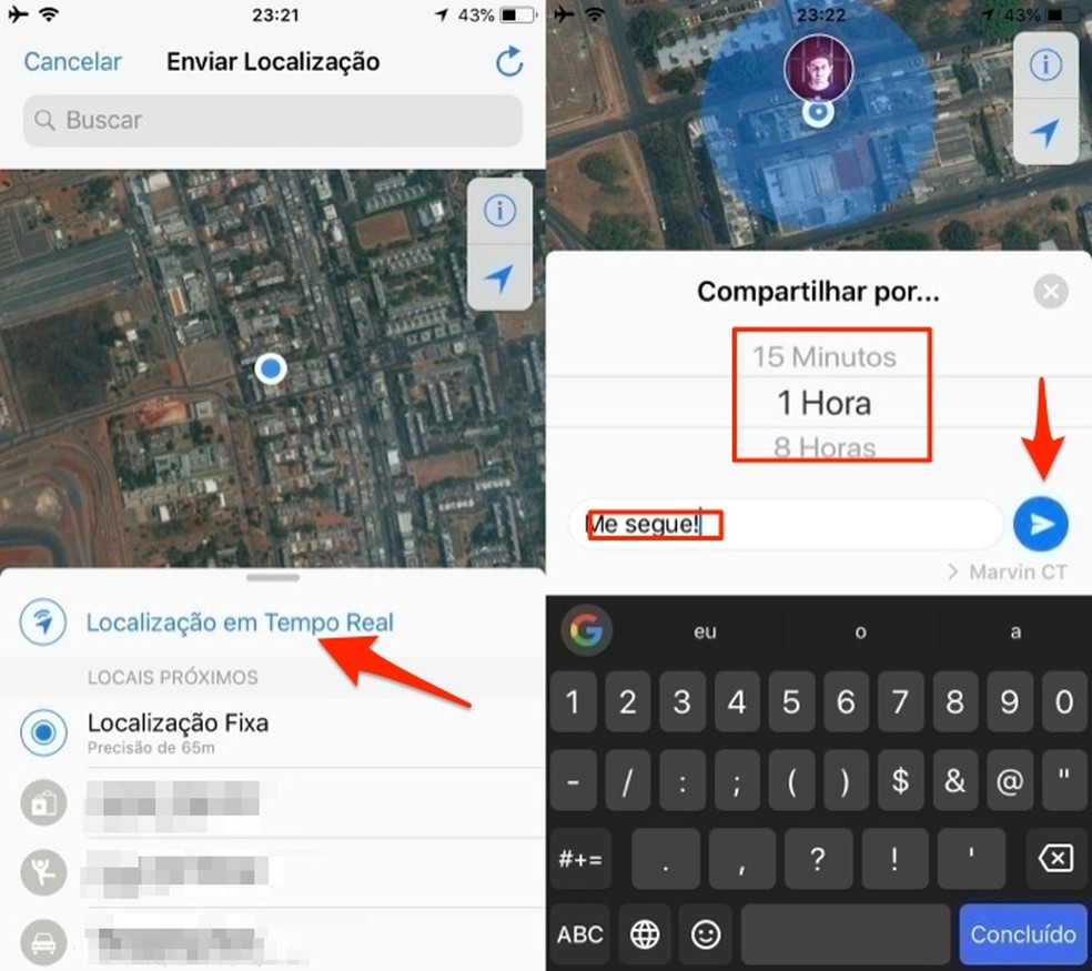 Ação para enviar a localização em tempo real para um amigo do WhatsApp pelo iPhone (Foto: Reprodução/Marvin Costa)