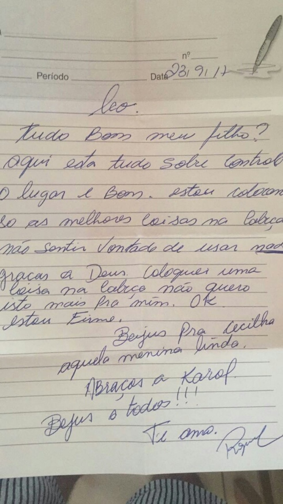 Em carta, o vigilante Orlandino Ferreira Roque diz a filho não sentir mais vontade de usar drogas (Foto: Leonardo Pereira da Silva Roque/Arquivo Pessoal)