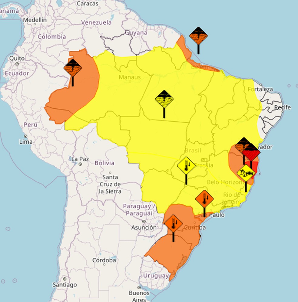 Instituto Nacional de Meteorologia alerta para chuvas intensas (em amarelo) e quedas de temperatura (em laranja).  Foto: Reproduo/Inmet