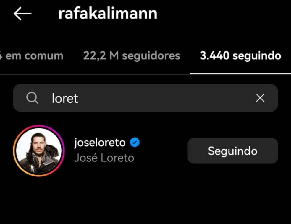 Rafa Kalimann continua seguindo José Loreto — Foto: Reprodução/Instagram