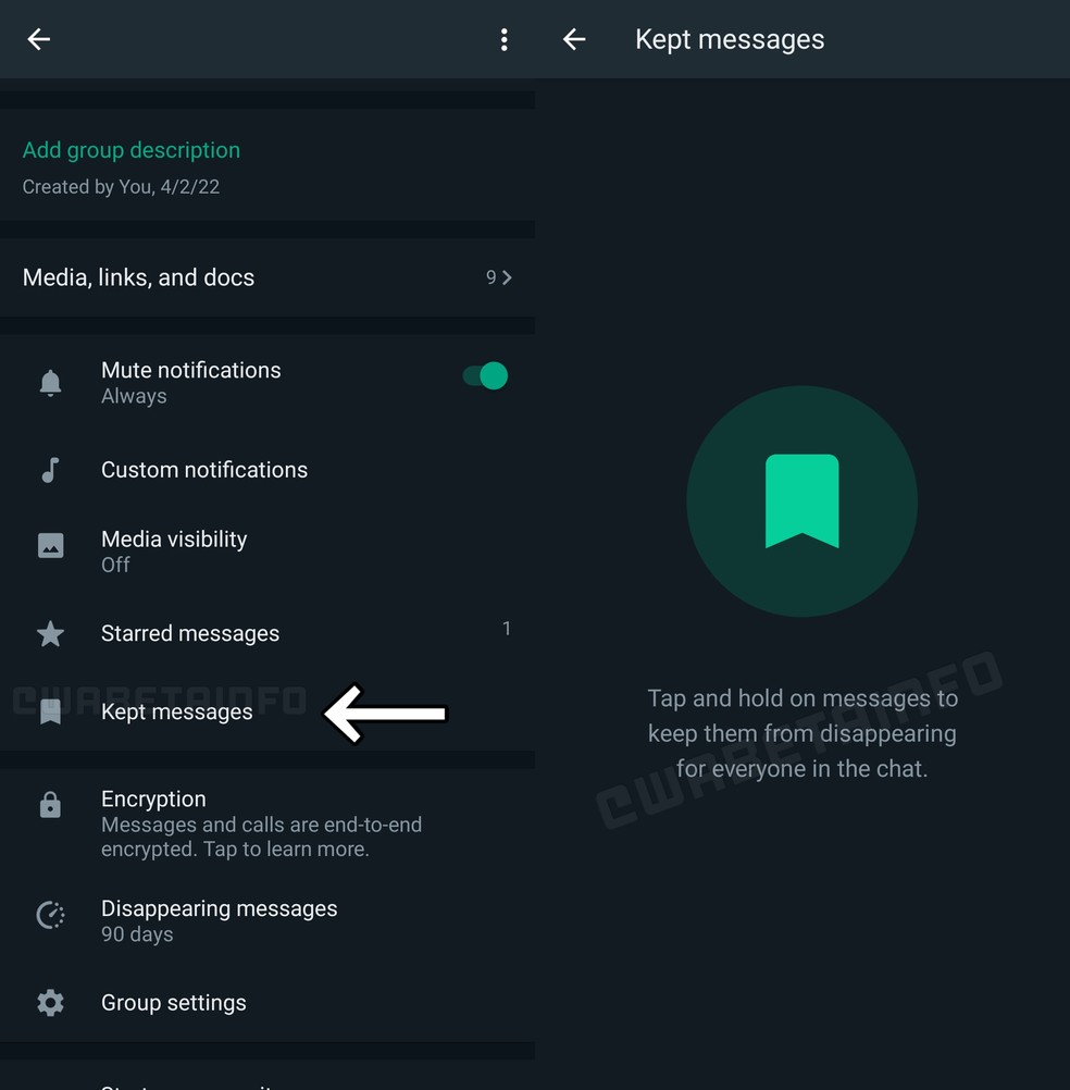 WhatsApp beta para Android flagra aba "Kept Messages" — Foto: Divulgação/WABetaInfo
