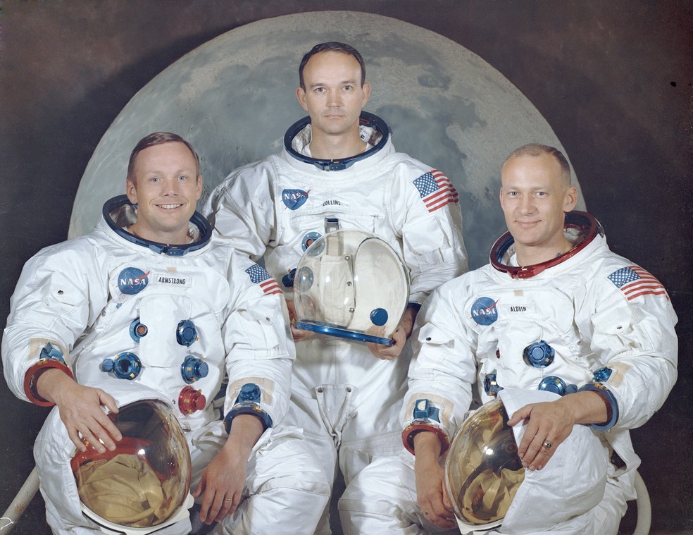 Foto oficial da tripulação da Apollo 11, da direita para a esquerda: Neil A. Armstrong, Michael Collins e Edwin E. "Buzz" Aldrin — Foto: Divulgação/Nasa