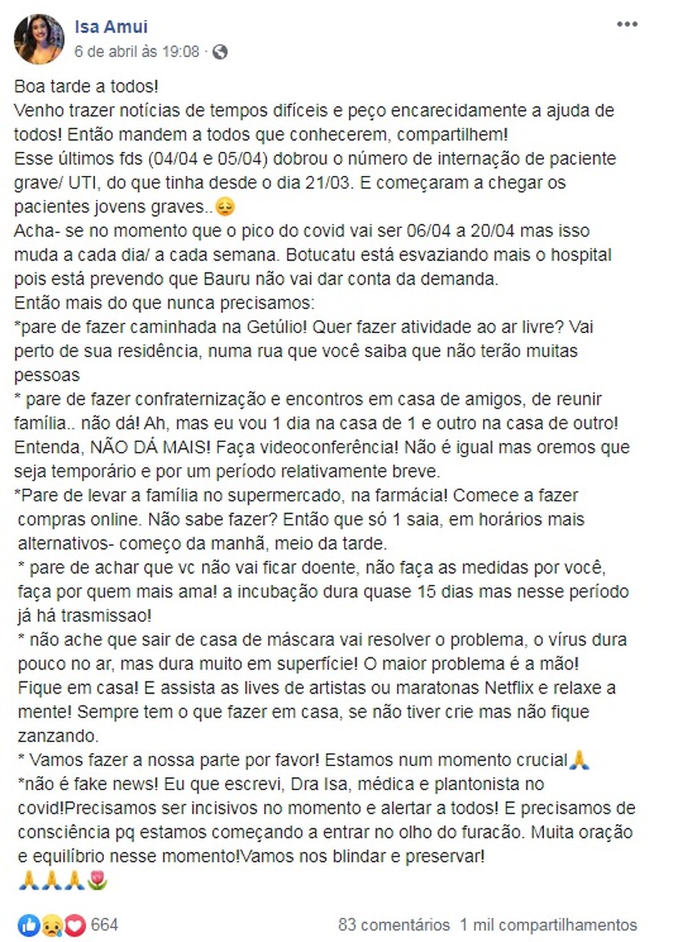 Médica do interior de SP faz desabafo sobre situação de hospitais de Bauru com suspeita de Covid-19 — Foto: Divulgação/Facebook