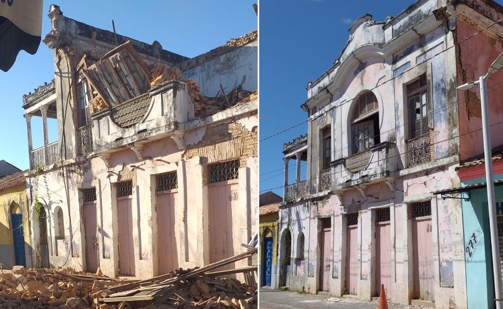 Como ficou e como era o casarão libanês que desabou em Floriano, no Sul do Piauí — Foto: Reprodução
