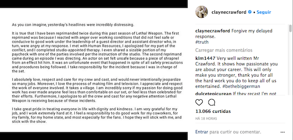 O pedido público de desculpas do ator Clayne Crawford (Foto: Instagram)